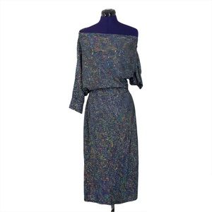 Solid Silver Shiny Metallic Rainbow Sequins Off Shoulder Dress